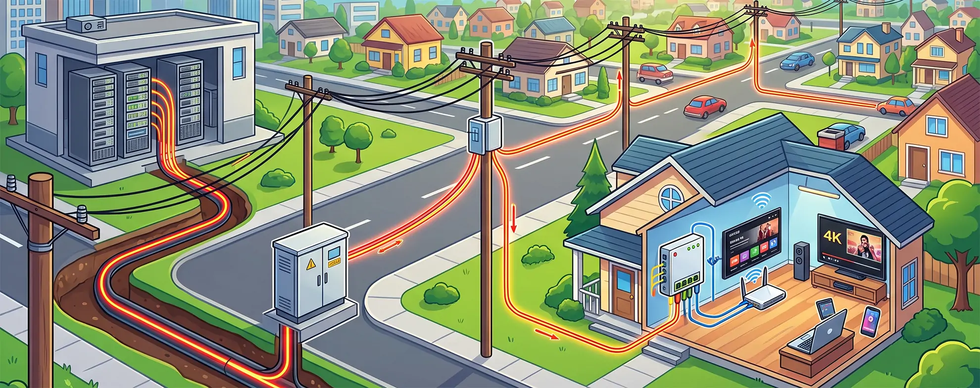 Residential community FTTH deployment with fiber distribution cabinets, outdoor telecom cabinets, and fiber termination boxes for 2000-10000 household neighborhoods